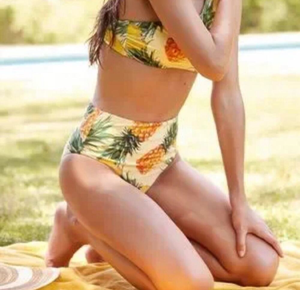 Anthropologie Yellow Pina Colada Pineapple High Waisted Bikini Bottoms Size L